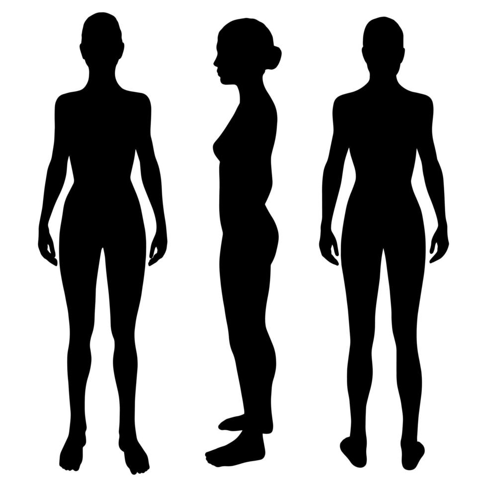 kvinna kropp vektor svarta silhuetter framifrån, från sidan och bakifrån.