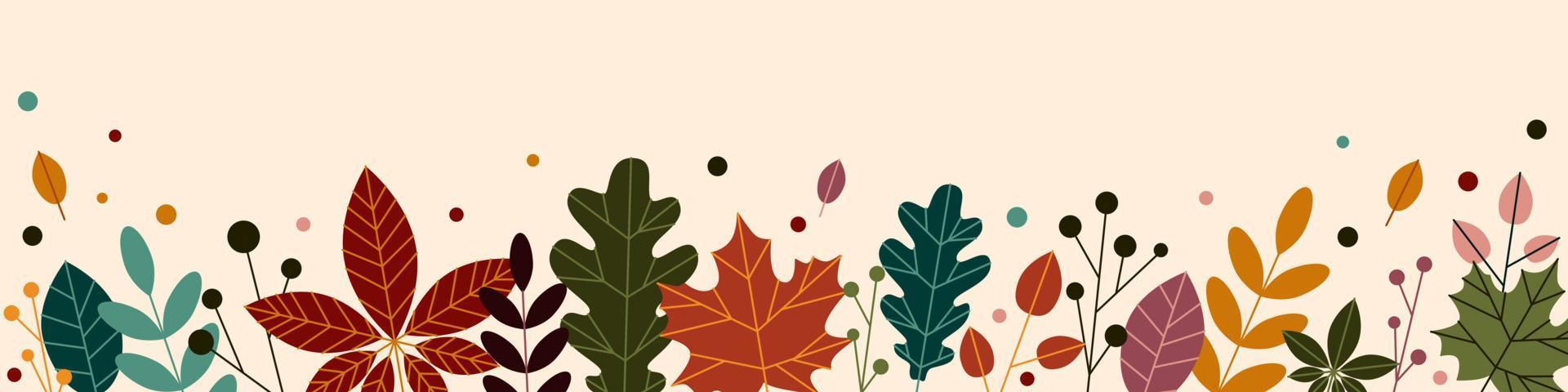 horizontales Banner, floraler Hintergrund mit bunten Herbstblättern und Pflanzen. botanische flache vektorillustration des fallens auf hellem hintergrund. vektor