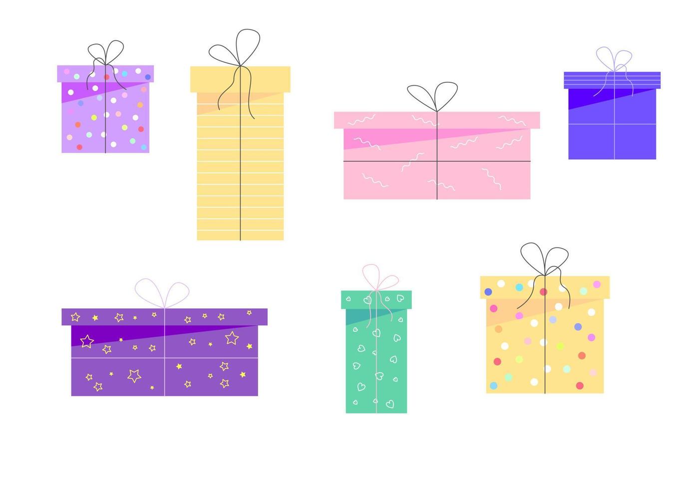 en uppsättning ljusa färgglada presentförpackningar på en vit bakgrund i platt doodle-stil. vektor illustration