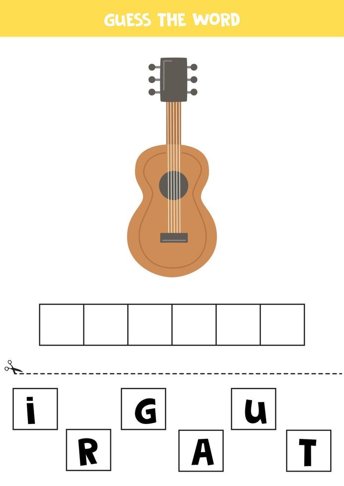 Rechtschreibspiel für Kinder. hölzerne gitarre. vektor