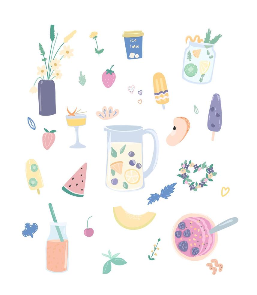 Vektor Sommer helle Symbolsatz Eis, Cocktails, Blumen. Illustrationen für Drucke, Postkarten, Web.