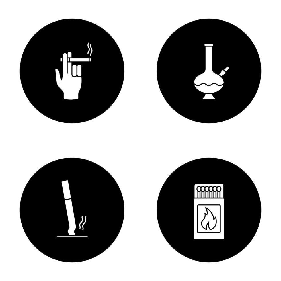 rökning glyf ikoner set. rökarhand, bong, utstoppad cigarett, tändsticksask med tändstickor. vektor vita silhuetter illustrationer i svarta cirklar