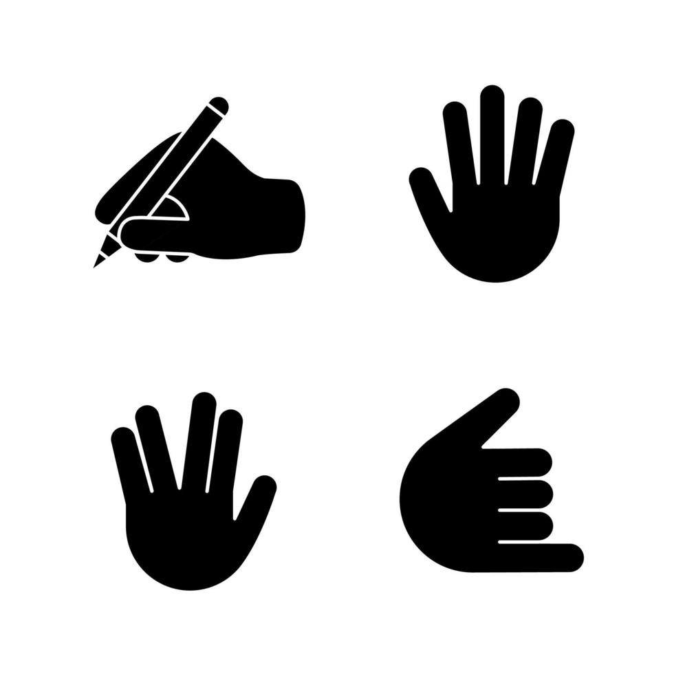 handgest emojis glyfikoner set. skrivhand, vulkanhälsning, high five, shaka, ring mig gestikulerande. siluett symboler. vektor isolerade illustration