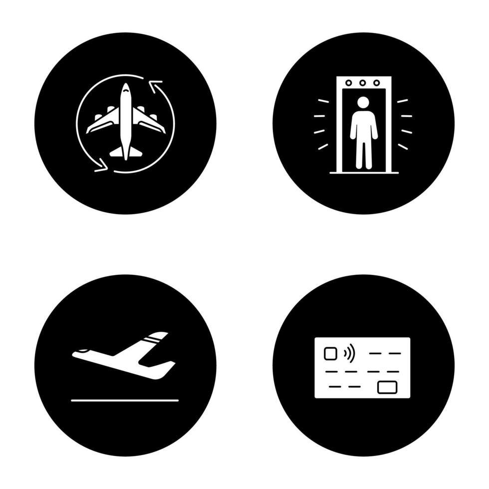 Flughafenservice-Glyphen-Symbole gesetzt. Flugtransit, Portalmetalldetektor, Flugzeugabflug, Kreditkarte. Vektor weiße Silhouetten Illustrationen in schwarzen Kreisen