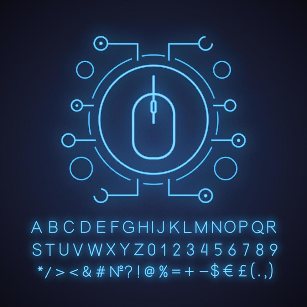Symbol für Neonlicht der Computermaus. digitale Verwaltung. Computerhardware. leuchtendes zeichen mit alphabet, zahlen und symbolen. vektor isolierte illustration