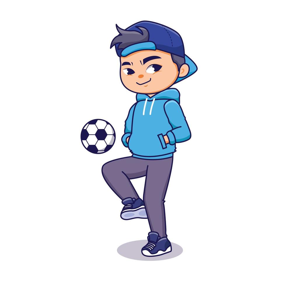 tecknad cool pojke med blå jacka och hatt spelar fotboll i casual stil karaktär platt illustration vektor