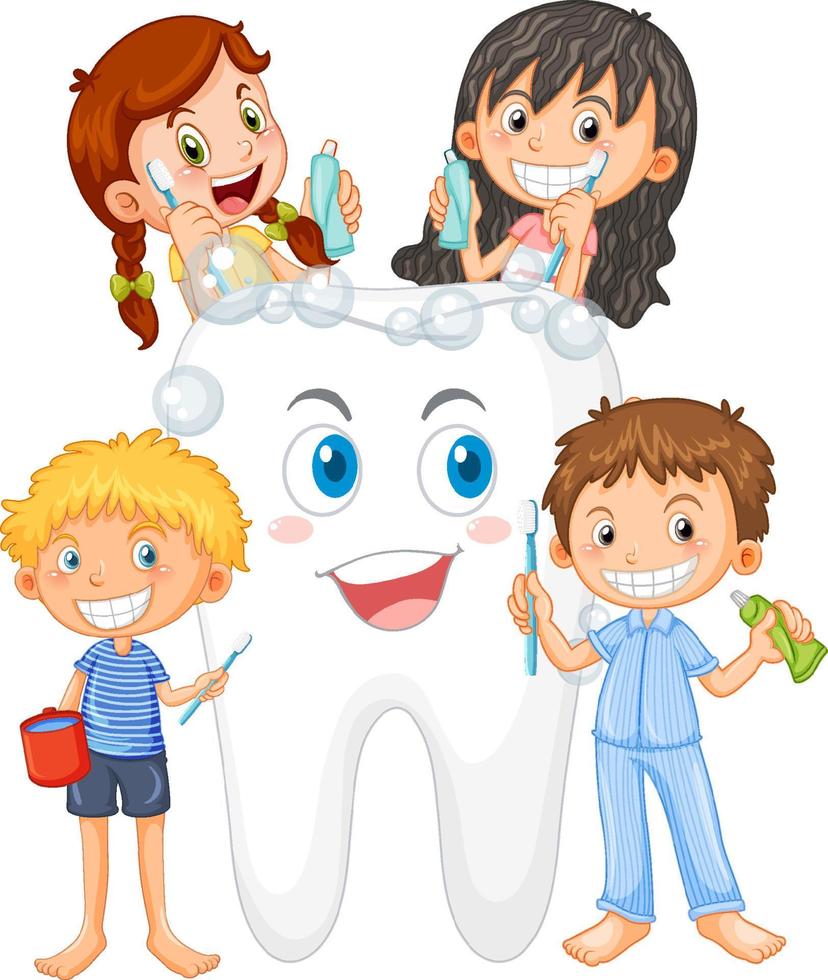 grupp barn som rengör tänder vektor