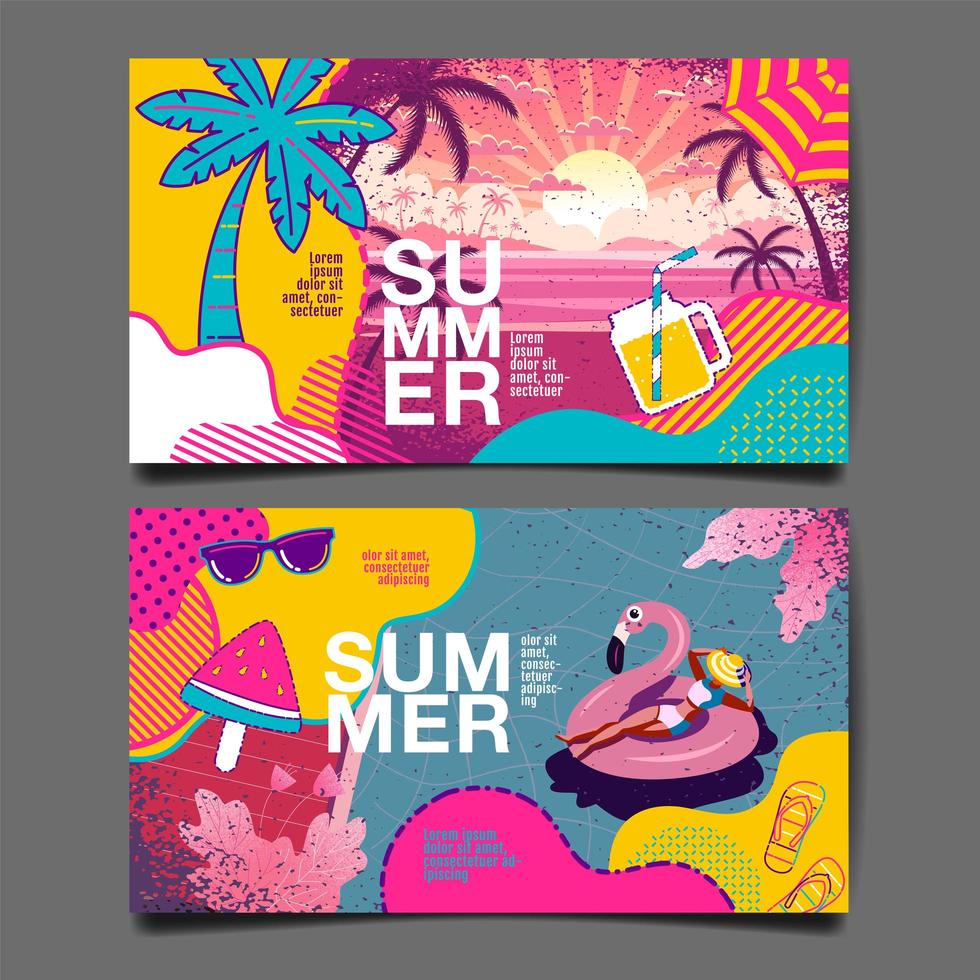 Kartenset mit leuchtenden Farben und Sommerelementen vektor