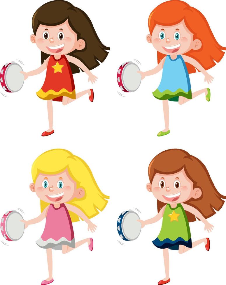 uppsättning av olika flickor som spelar tamburin vektor