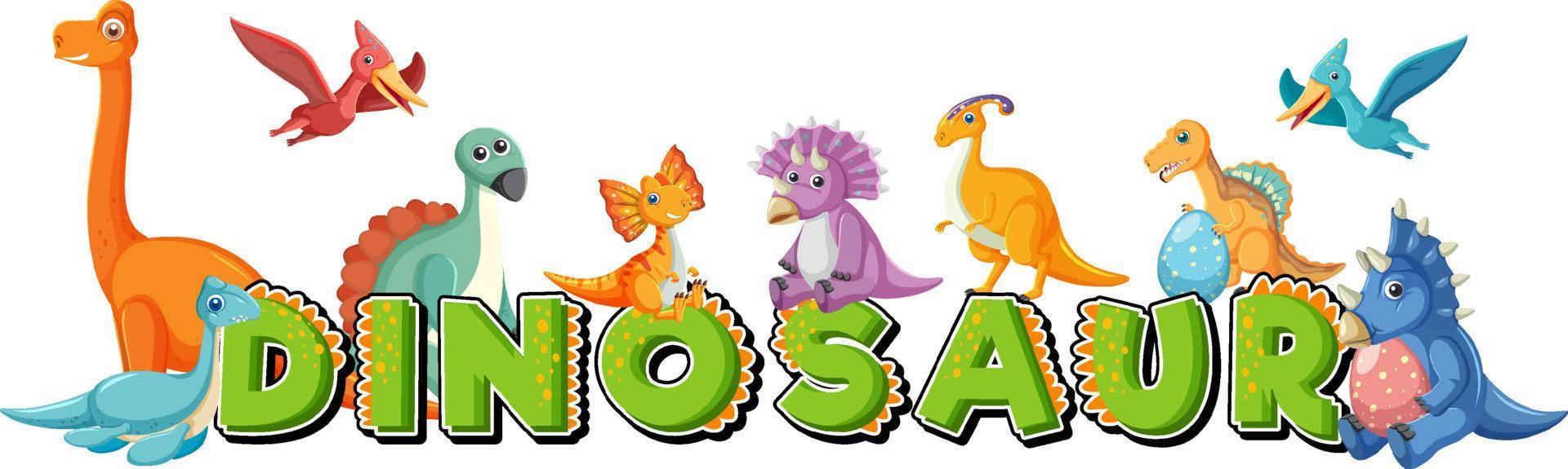 söt dinosauriegrupp med dinosaurieordlogotyp vektor