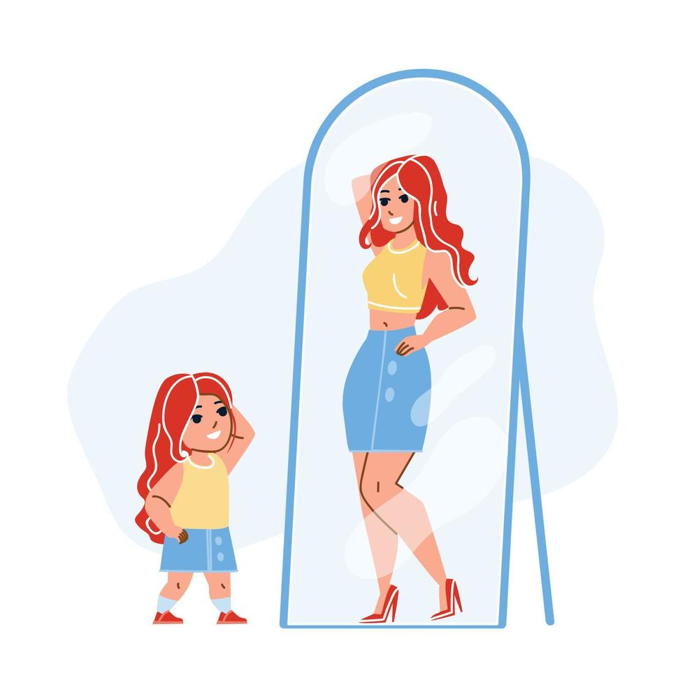 Kindermädchen, das träumt, ist eine erwachsene Frau im Spiegelvektor vektor