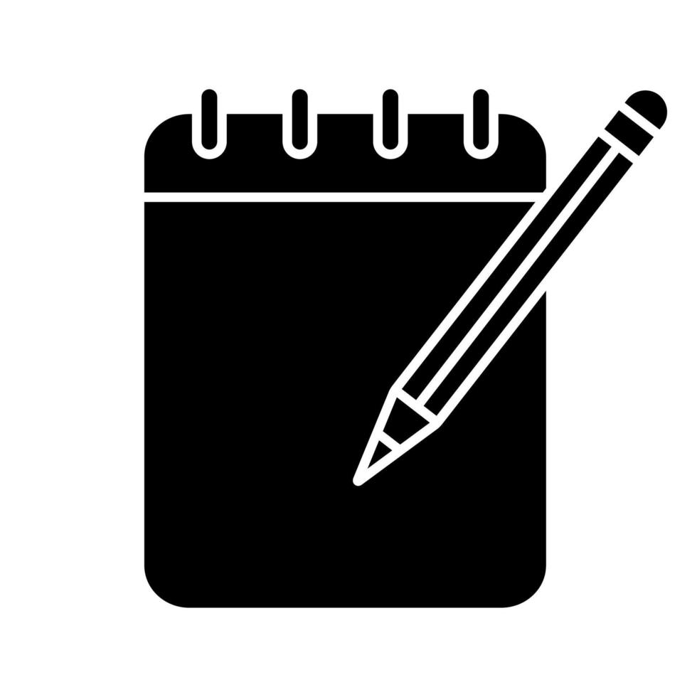 anteckningsblock med penna glyfikon. skriva anteckningar. siluett symbol. negativt utrymme. vektor isolerade illustration