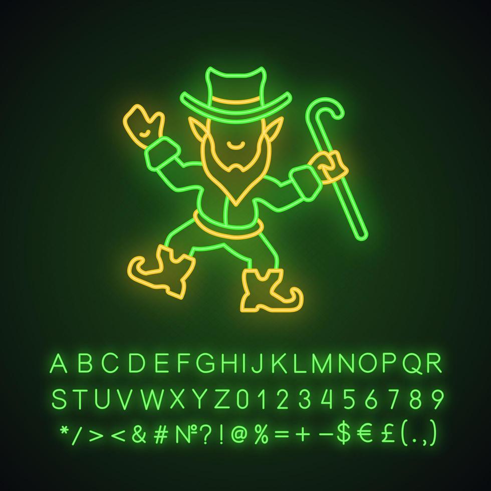 Symbol für Kobold-Neonlicht. Charakter der irischen Mythologie. Tag des Heiligen Patrick. leuchtendes zeichen mit alphabet, zahlen und symbolen. vektor isolierte illustration