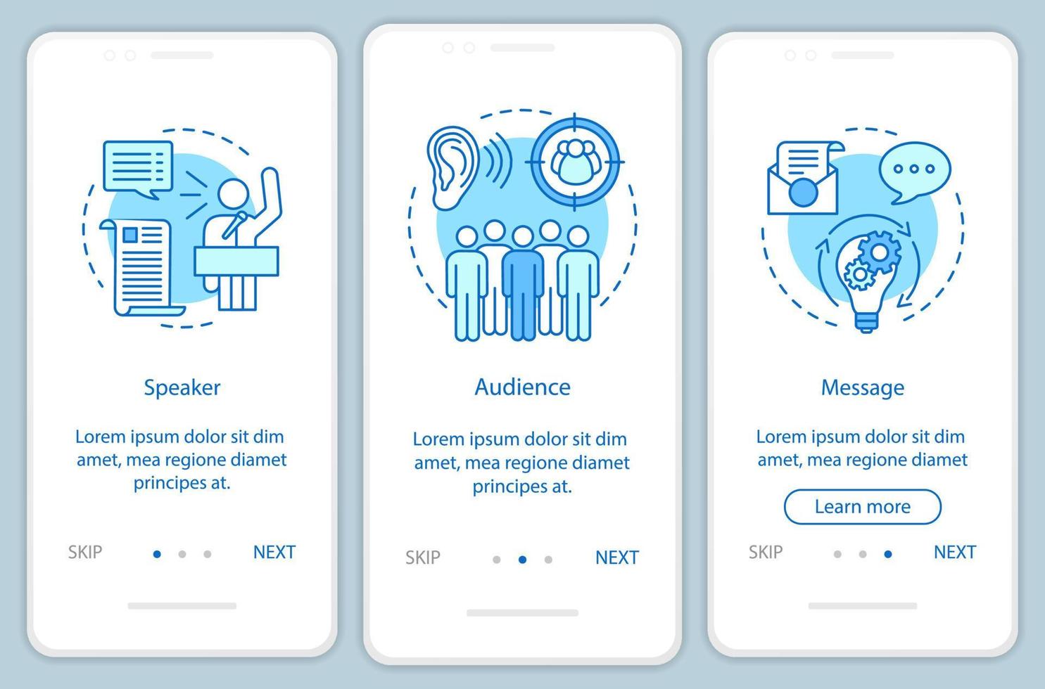 retorisk triangel onboarding mobil app sida skärm vektor mall. ledarskapsförmåga. talare, publik, budskap. genomgång av webbplatssteg med linjeikoner. ux, ui, gui smartphone-gränssnitt