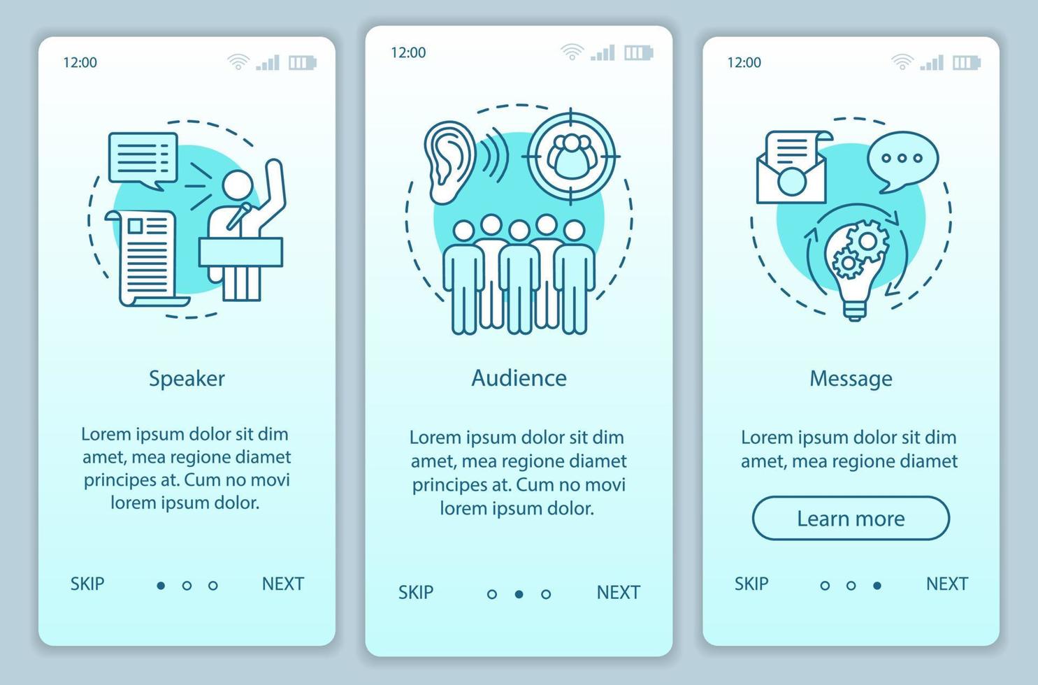 rhetorisches Dreieck beim Onboarding der mobilen App-Seitenbildschirm-Vektorvorlage. Führungskompetenz. Sprecher, Publikum, Botschaft. Walkthrough-Website-Schritte mit Liniensymbolen. ux, ui, gui-smartphone-schnittstelle vektor