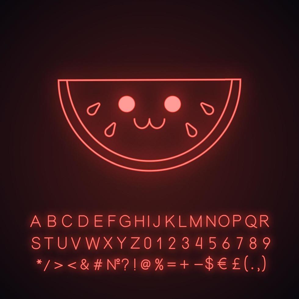 vattenmelon söt kawaii neonljus karaktär. bär med leende ansikte. glad mat. rolig emoji, uttryckssymbol, leende. glödande ikon med alfabetet, siffror, symboler. vektor isolerade illustration