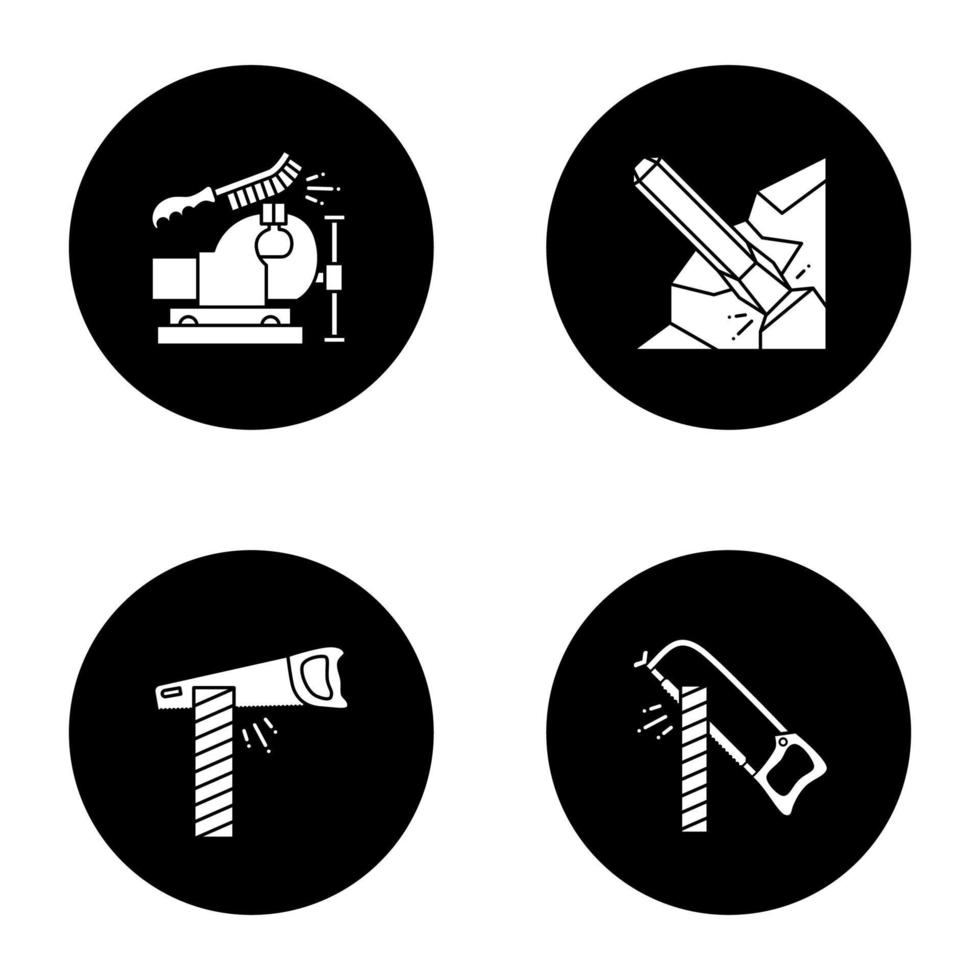 Glyphensymbole für Bauwerkzeuge festgelegt. Schraubstock und Drahtbürste, Eisenmeißel, Handsäge und Bügelsäge zum Schneiden von Holzbrettern. Vektor weiße Silhouetten Illustrationen in schwarzen Kreisen
