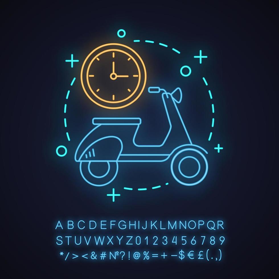 Roller mieten Neonlicht Konzept Symbol. Transportvermietung Idee. mit dem Motorrad reisen. leuchtendes zeichen mit alphabet, zahlen und symbolen. vektor isolierte illustration