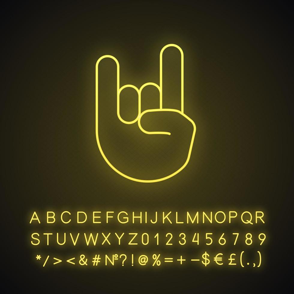 Rock on Geste Neonlicht-Symbol. Hörner unterzeichnen Emoji. Teufels Finger. Heavy-Metal-Handgeste. leuchtendes zeichen mit alphabet, zahlen und symbolen. vektor isolierte illustration