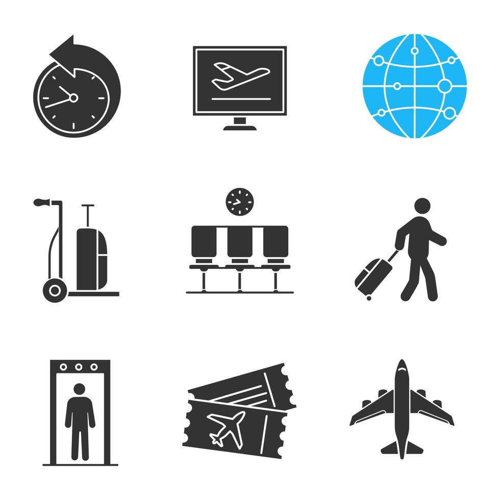 flygplats tjänst glyf ikoner set. ombokning, onlinebokning, rutt, bagagevagn, vänthall, passagerare, metalldetektor, biljett, flygplan. siluett symboler. vektor isolerade illustration