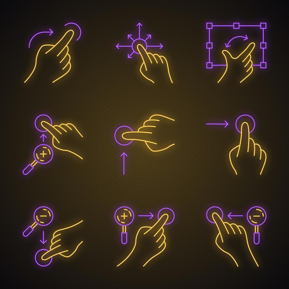 Touchscreen-Gesten Neonlichtsymbole gesetzt. vertikales Scrollen nach oben und horizontales Scrollen nach rechts durch Gestikulieren. vertikal vergrößern, horizontal verkleinern. Finger ziehen. leuchtende Zeichen. Vektor isolierte Illustrationen