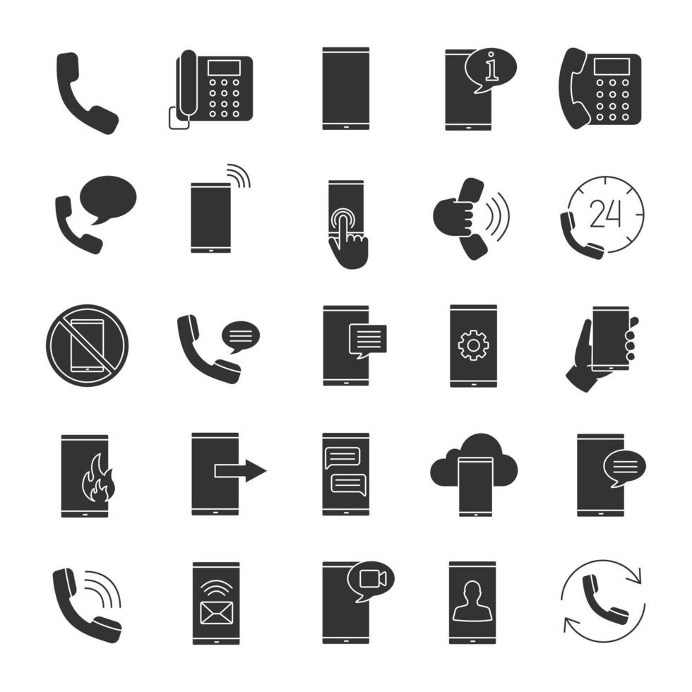 telefon kommunikation glyf ikoner set. smartphonesamtal, meddelanden, hotline, mobil molnberäkning. siluett symboler. vektor isolerade illustration