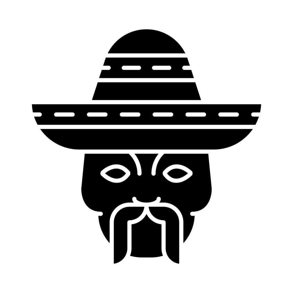 Kopf mit Schnurrbart und Sombrero-Glyphen-Symbol. Macho. traditioneller mexikanischer mann. Silhouettensymbol. negativer Raum. vektor isolierte illustration