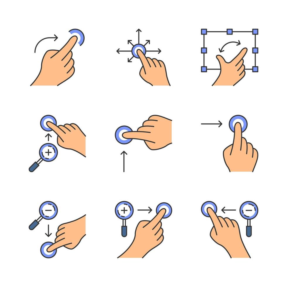 Farbsymbole für Touchscreen-Gesten festgelegt. vertikales Scrollen nach oben und horizontales Scrollen nach rechts durch Gestikulieren. vertikal vergrößern, horizontal verkleinern. Ziehen Sie den Finger in alle Richtungen. isolierte Vektorgrafiken vektor