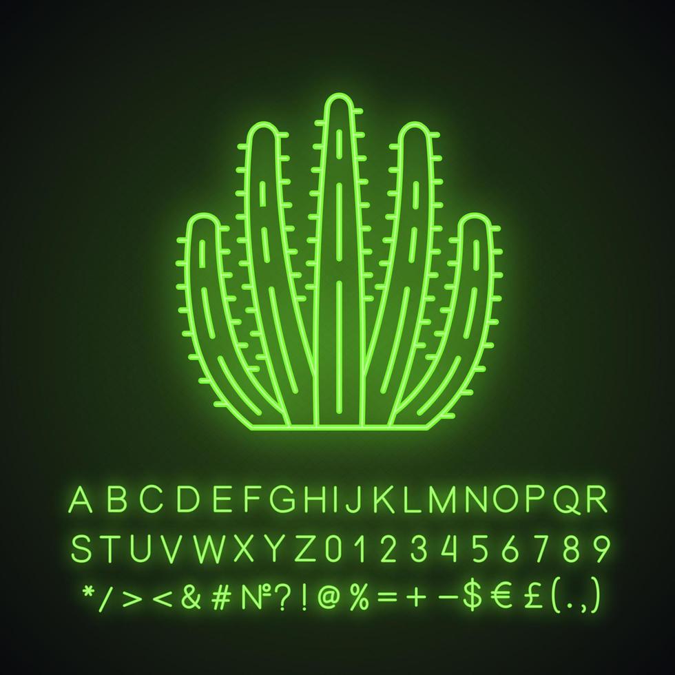 Symbol für Orgelpfeifenkaktus-Neonlicht. Pitahaya. amerika einheimische pflanze. tropische exotische Flora. leuchtendes zeichen mit alphabet, zahlen und symbolen. vektor isolierte illustration