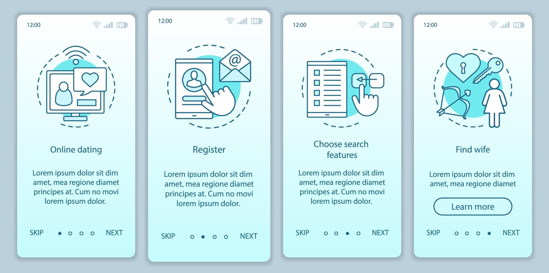 online dating onboarding mobil app sida skärm vektor mall. registrera dig, välj sökfunktioner, hitta instruktioner på hustrus webbplats med linjära illustrationer. ux, ui, gui smartphone gränssnitt koncept