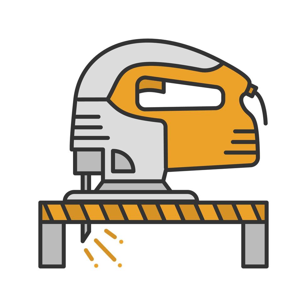 Elektrische Stichsäge, die Holzbrett-Farbsymbol schneidet. isolierte Vektorillustration vektor