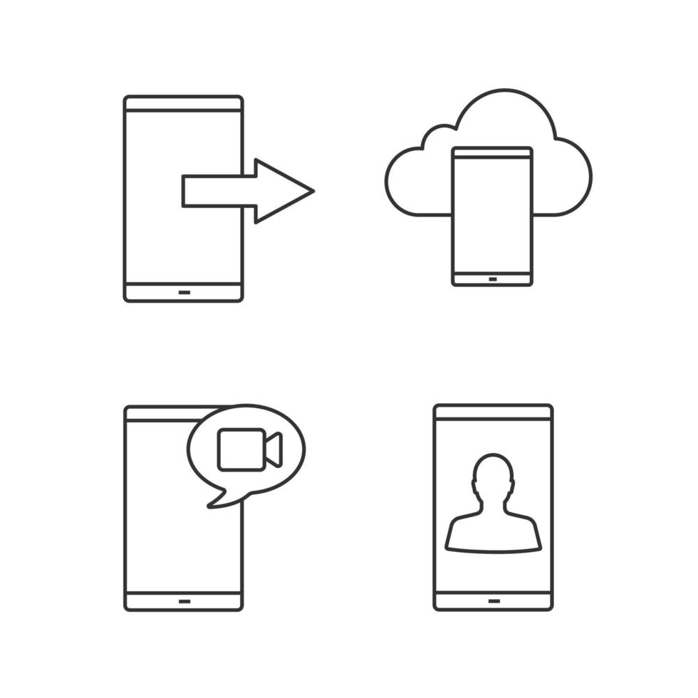 lineare ikonen der telefonkommunikation eingestellt. Datenübertragung, Smartphone-Cloud-Speicher, Videonachricht, Smartphone-Benutzer. dünne Linienkontursymbole. isolierte vektorumrissillustrationen vektor