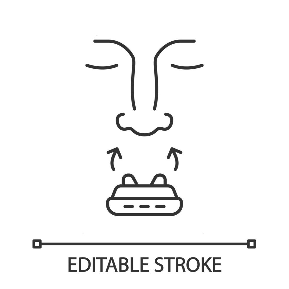 Anti-Schnarch-Gerät lineares Symbol. Clip für Nasenbelüftungsstöpsel. obstruktive Schlafapnoe-Behandlung. Hilfsmittel zum Schnarchen stoppen. dünne Liniendarstellung. Kontursymbol. Vektor isoliert Umrisszeichnung. editierbarer Strich
