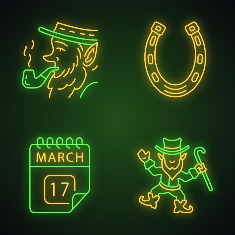 St. Patrick Day Neonlicht-Symbole gesetzt. fest des st. Patrick. Kobolde, Hufeisen, Kalenderdatum 17. März. leuchtende Zeichen. Vektor isolierte Illustrationen