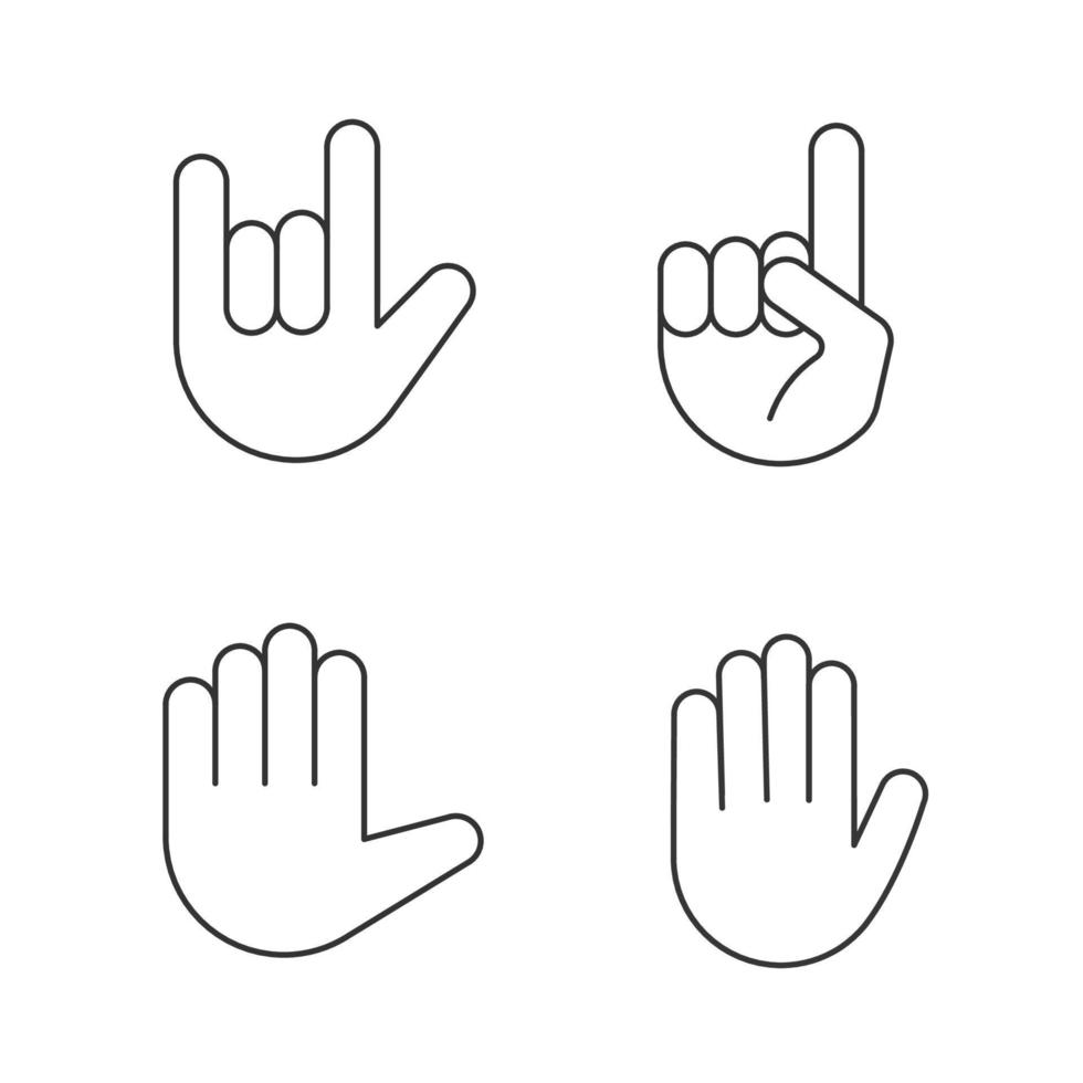 Handbewegung Emojis lineare Symbole gesetzt. dünne Linienkontursymbole. Ich liebe dich, Heavy Metal, Himmel, High Five, hör auf zu gestikulieren. isolierte vektorumrissillustrationen. editierbarer Strich vektor