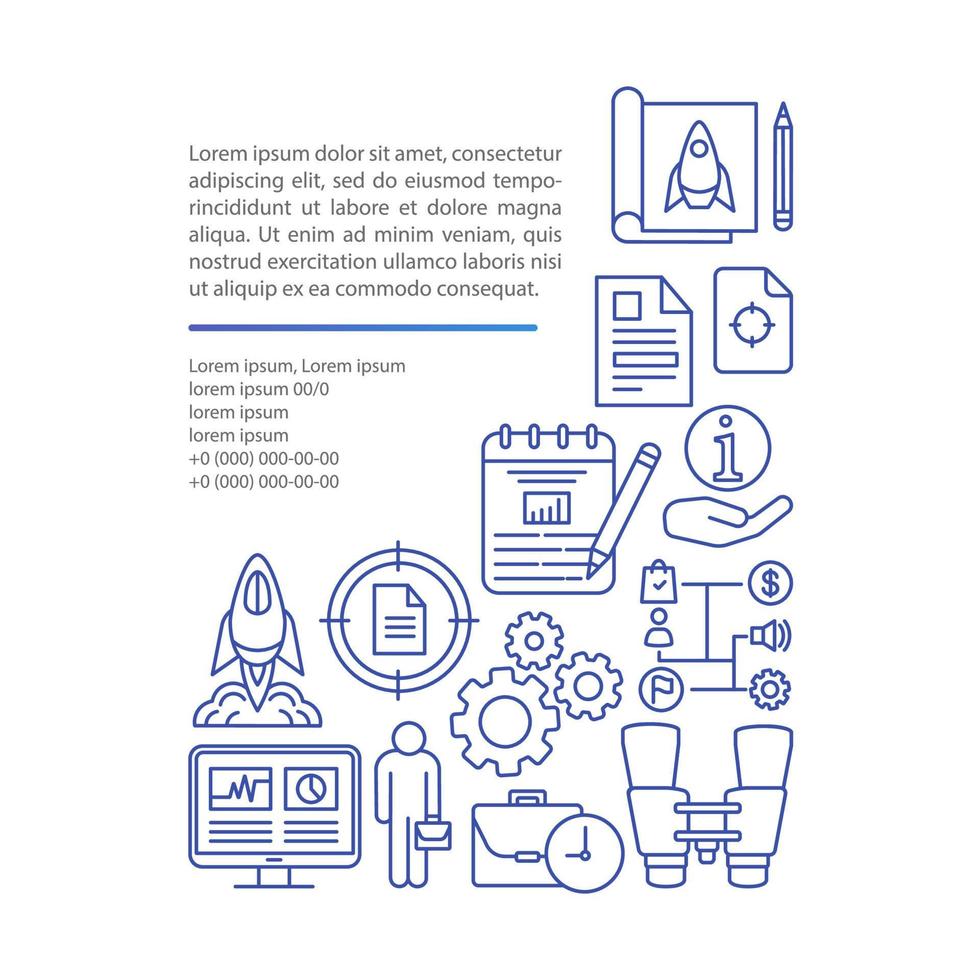 Vektorvorlage für Startartikelseiten. Start des Pilotprojekts. mvp. broschüre, magazin, broschürengestaltungselement mit linearen symbolen und textfeldern. Druckdesign. konzeptillustrationen mit textraum vektor