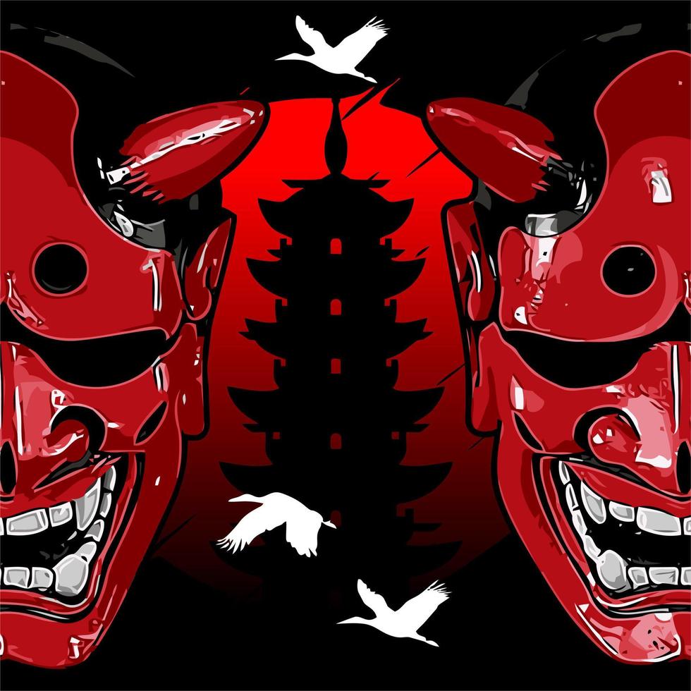 Oni-Kabuki-Maske in der Pagode... vektor