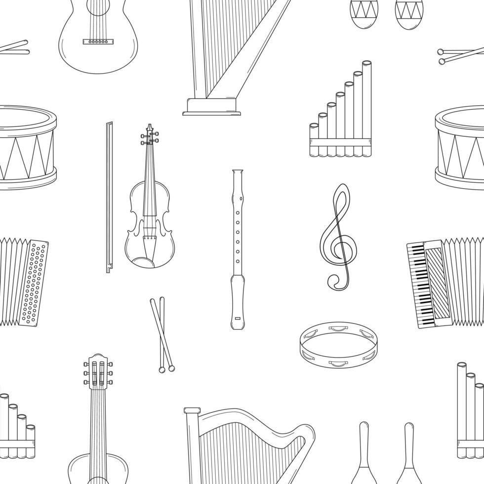 handritad sömlösa mönster med musikinstrument. doodle stil. skiss. vektor illustration