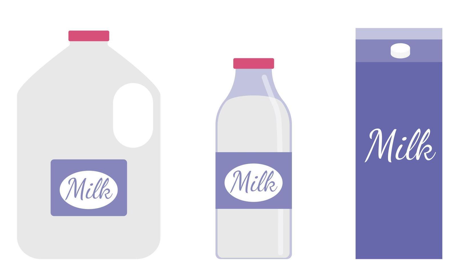 Set von Paketen mit Milch. Verpackungen aus Kunststoff, Glas und Karton. Produkt ist reich an Kalzium und gesund. eben. Vektor-Illustration vektor