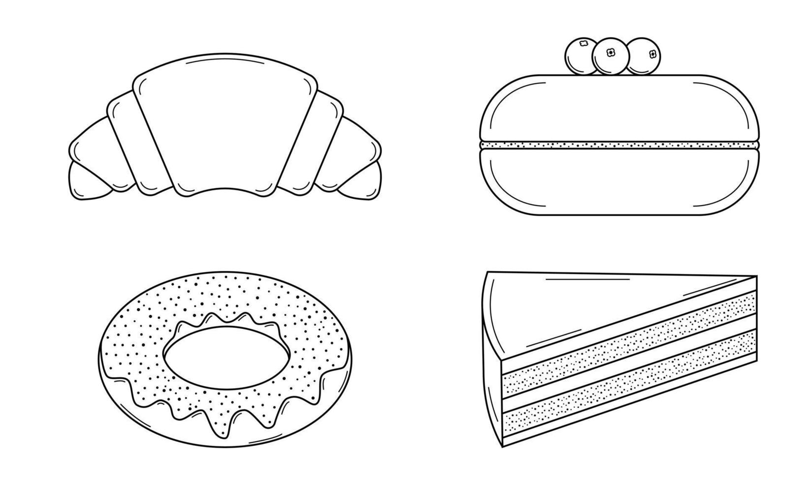 hand gezeichneter satz von süßwaren. süßes Gebäck für die Bäckerei. Croissant, Muffin, Kuchen und Donut. Doodle-Stil. skizzieren. Vektor-Illustration vektor