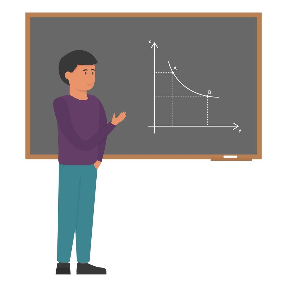 elev vid tavlan i klassrummet förklarar lösningen på problemet. tillbaka till skolan. utbildning för barn. tecknad serie. vektor illustration