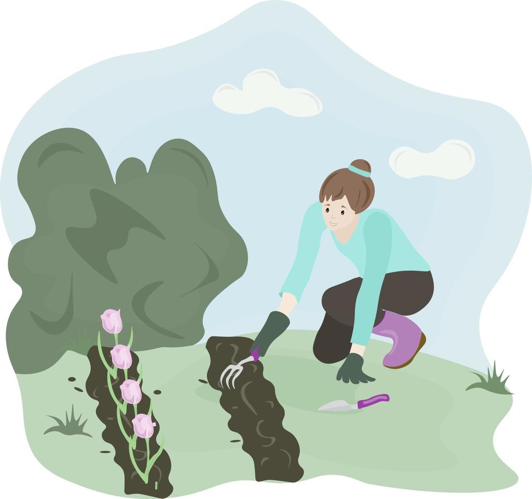 ung kvinna planterar tulpaner i trädgården vektor