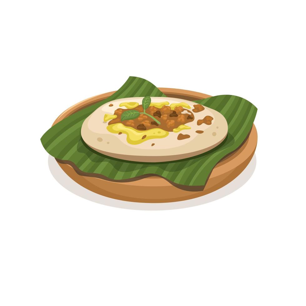 surabi ist ein indonesischer pfannkuchen aus reismehl mit kokosmilch mit oncom-topping-illustrationsvektor vektor