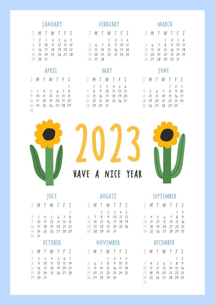 vacker blomkalender - ha ett fint år - 2023. botanisk utskrivbar vektormall. månadskalender med handritad blomma för 2023 år. djärv kalenderdesign vektor