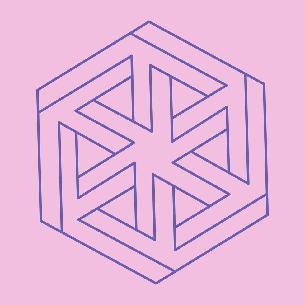 omöjliga former. helig geometri. logotyp för optisk illusion. abstrakta eviga geometriska objekt. optisk konst. omöjlig geometri symbol på en rosa bakgrund. linjekonst. vektor