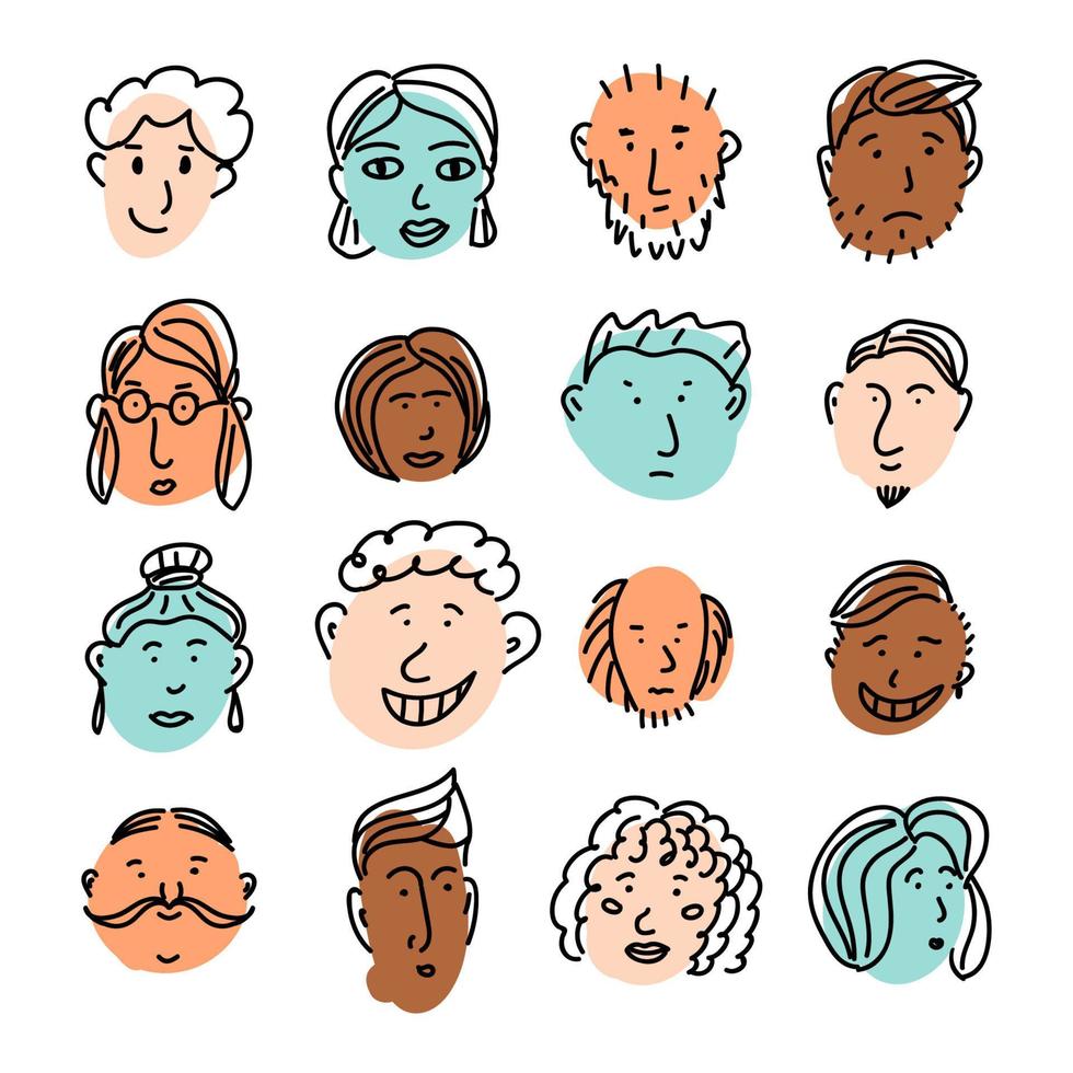 Vektor-Doodle-Gesichter auf Farbflecken. handgezeichnete menschen stehen symbolen mit emotionen gegenüber vektor