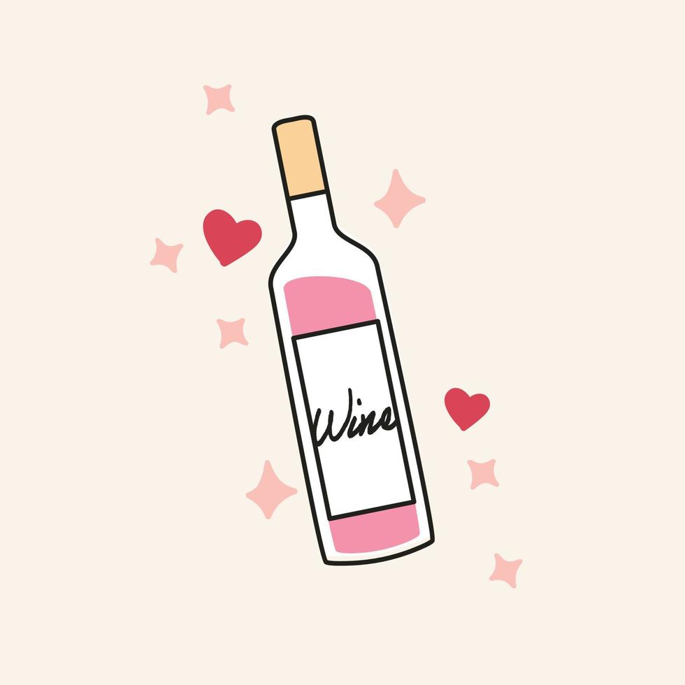 handritad rosévin illustration ikon. modern konturdesign som visar en flaska rosa vin med gnistrar och hjärtan runt. isolerad vektor