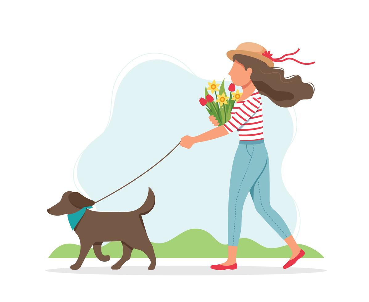 kvinna gå hund med blommor vektor