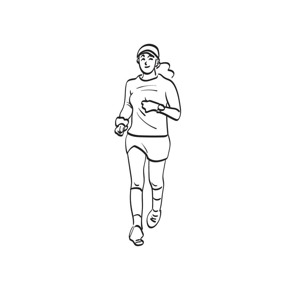 line art junge frau in sportbekleidung und kappe joggen illustration vektor hand gezeichnet isoliert auf weißem hintergrund