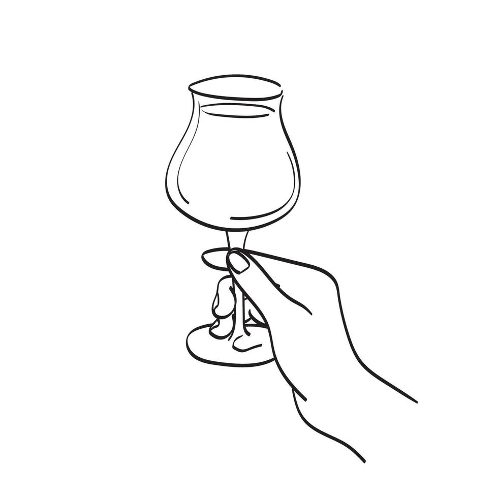 nahaufnahmehand, die glas weinillustrationsvektorhand hält, gezeichnet lokalisiert auf weißer hintergrundlinie kunst. vektor